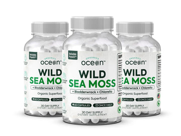 Close up of Organics Ocean Wild Sea Moss Capsules bottle