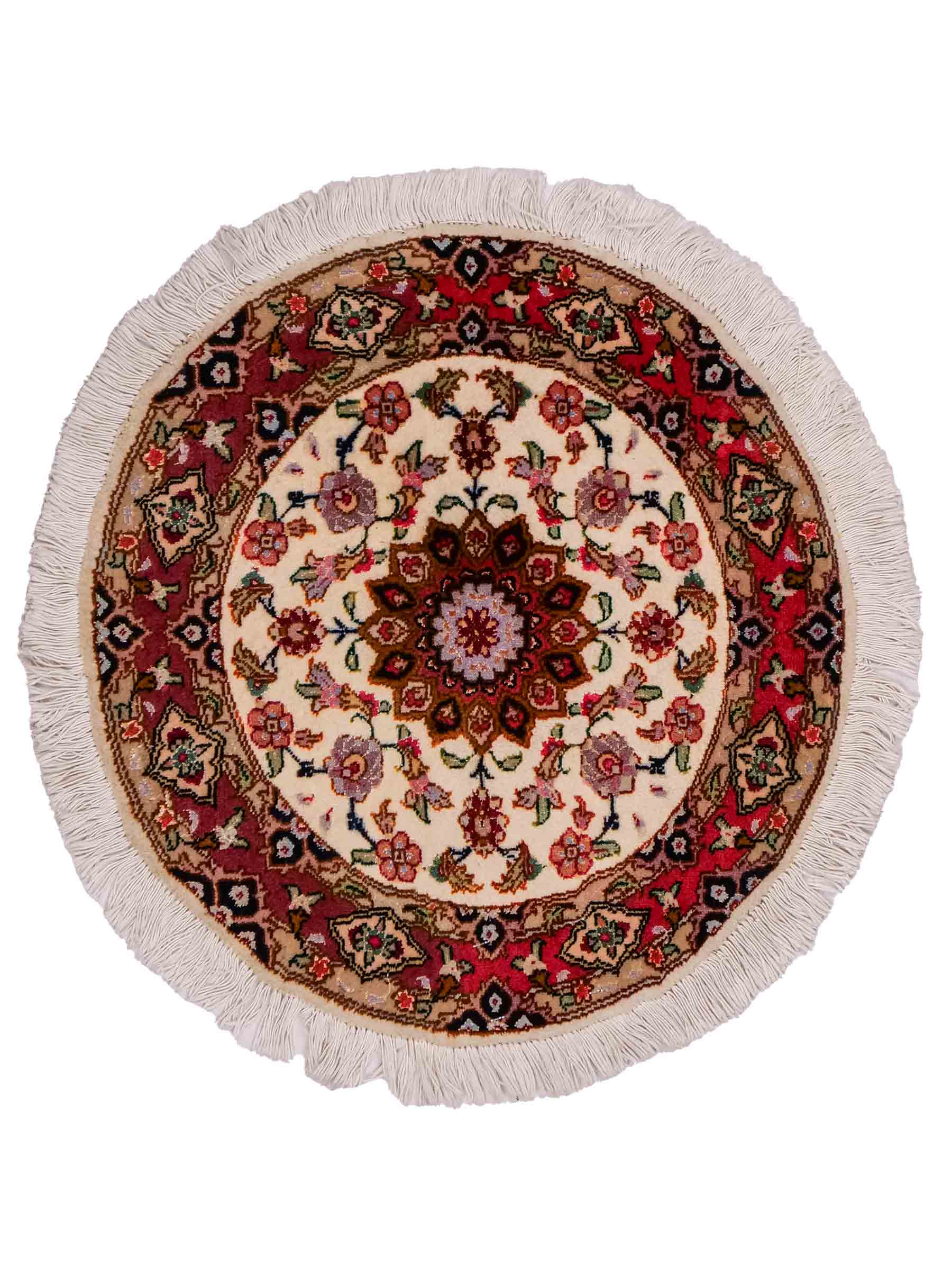 Sehr feiner, handgeknüpfter Täbriz Perserteppich aus Wolle mit Seide von Khademi. Farbe: Cremeweiß, rosa. Größe: 50 x 50 cm. Form: Rund. Vertrieb durch JUPITER Intl.