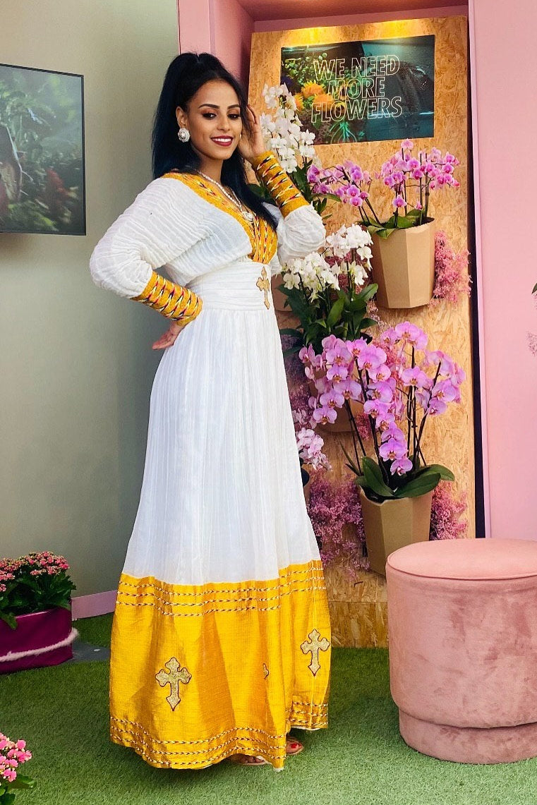Yellow Woven Habesha Dress V-Neckline Ethiopian Dress Traditional Habesha Kemis Style 505
