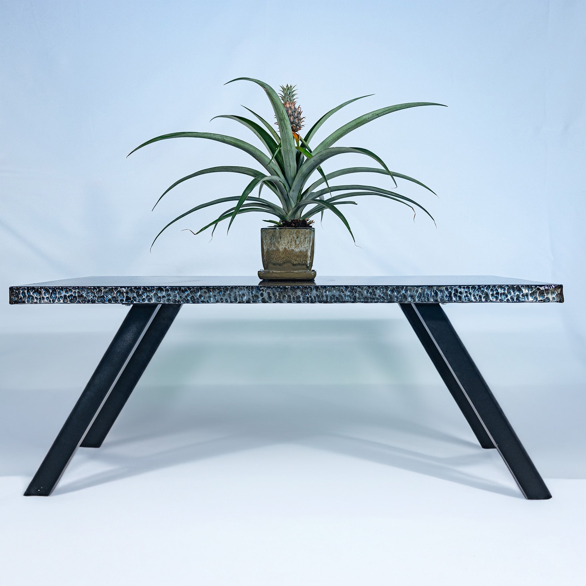 Zinc Coffee Table with Patina Wash Black Steel Legs