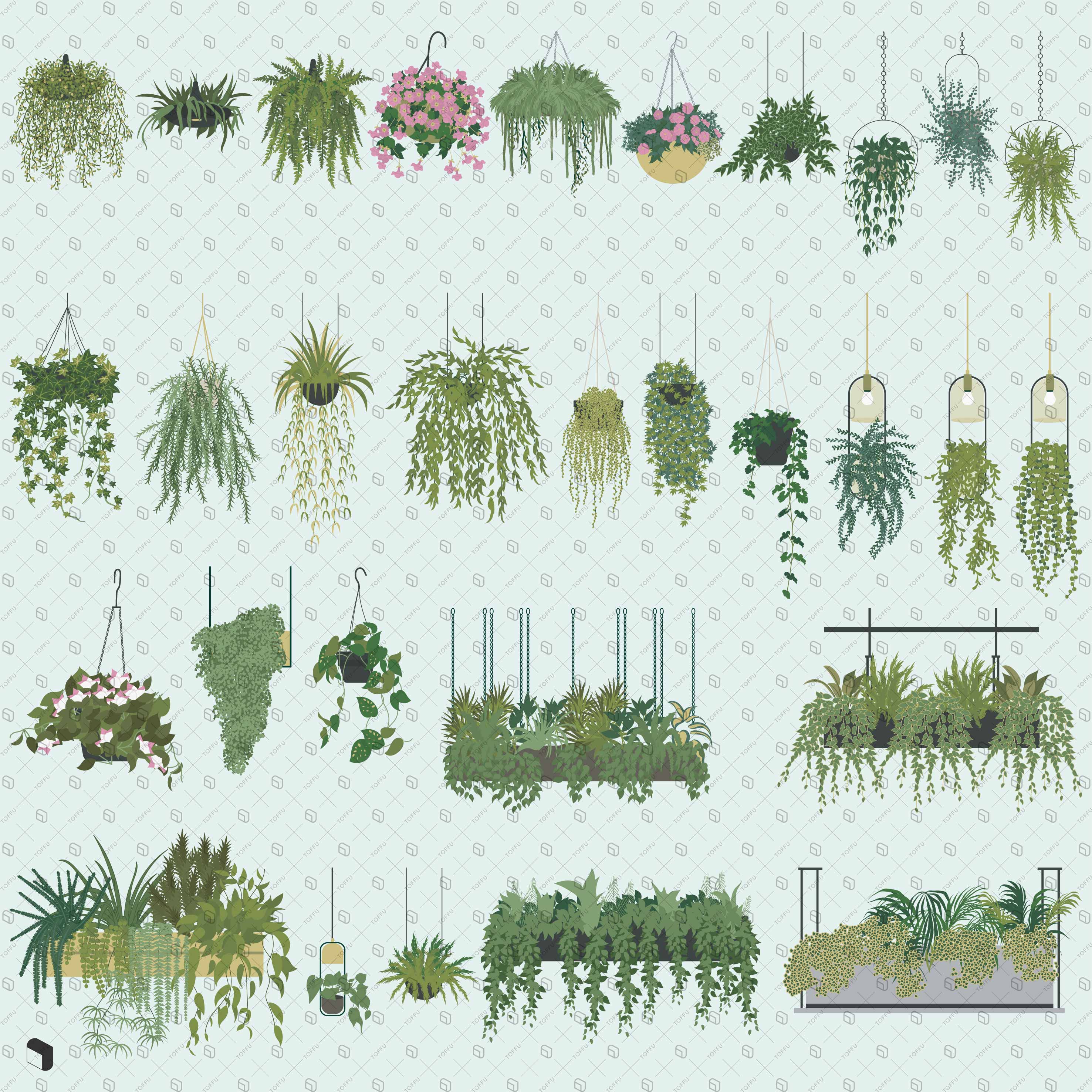 Flat Vector Hanging Plants – Toffu AI PSD PNG DWG digital downloads