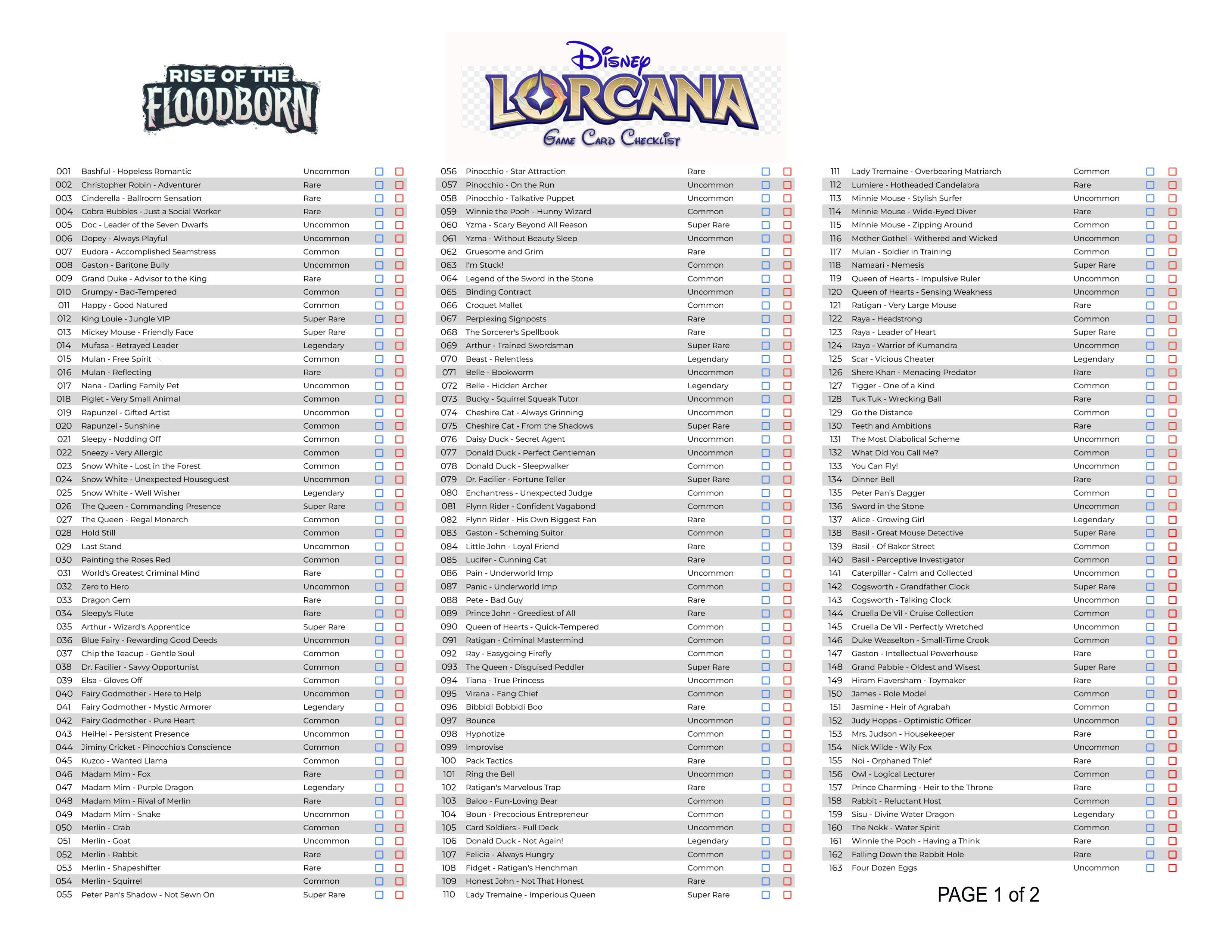 Printable "Rise of the Floodborn" Card Checklist : r/Lorcana