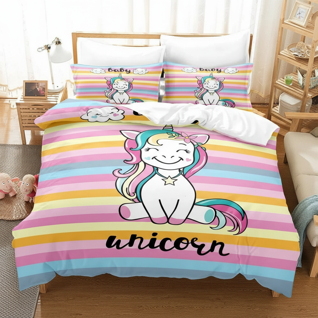 rainbow striped baby unicorn bedding - lifestyle