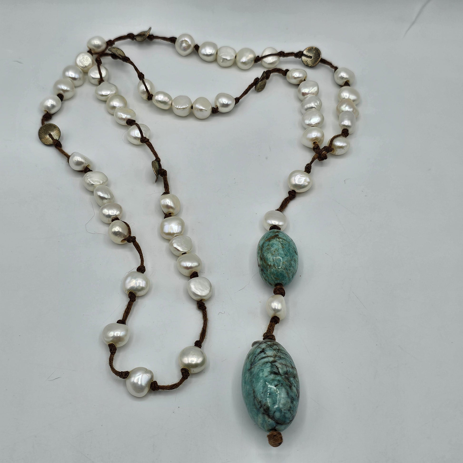 Vintage In2 Artisan Jewelry Scandanavian Design Hand Knotted Freshwater Pearl, Amazonite and Silver Drop Necklace