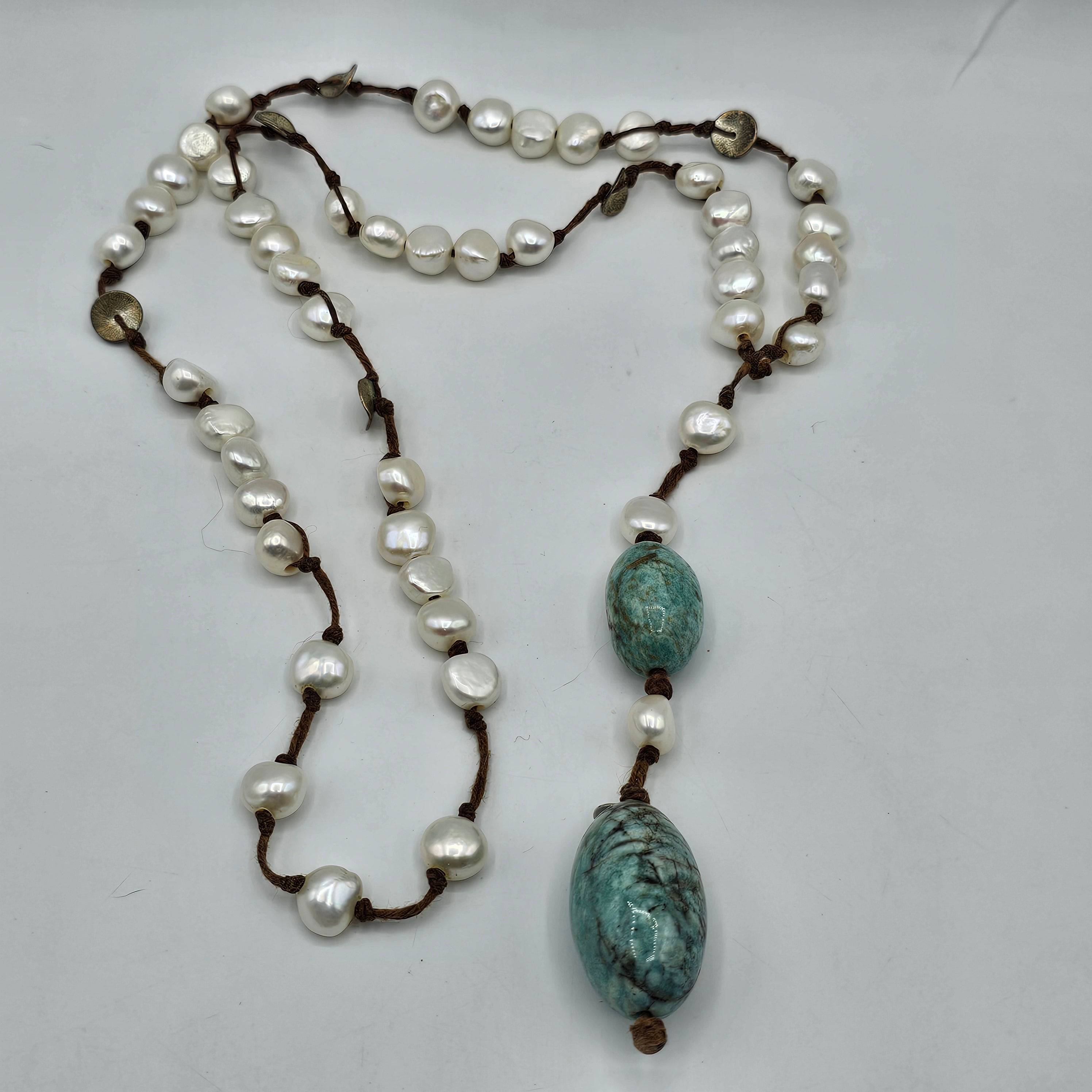 Vintage In2 Artisan Jewelry Scandanavian Design Hand Knotted Freshwater Pearl, Amazonite and Silver Drop Necklace