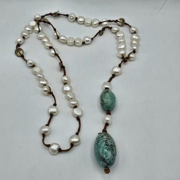 Vintage In2 Artisan Jewelry Scandanavian Design Hand Knotted Freshwater Pearl, Amazonite and Silver Drop Necklace