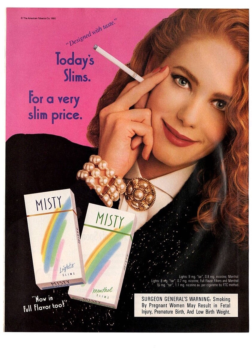 vintage mag print ad 1990s MISTY Cigarettes Today's Slims sexy redhead