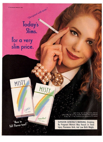 vintage mag print ad 1990s MISTY Cigarettes Today's Slims sexy redhead
