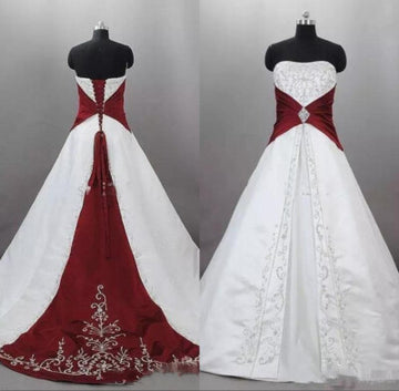 Vintage Embroidery Wedding Dresses Satin Bridal Gown Strapless White  Burgundy