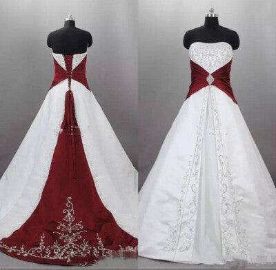 Vintage Embroidery Wedding Dresses Satin Bridal Gown Strapless White  Burgundy