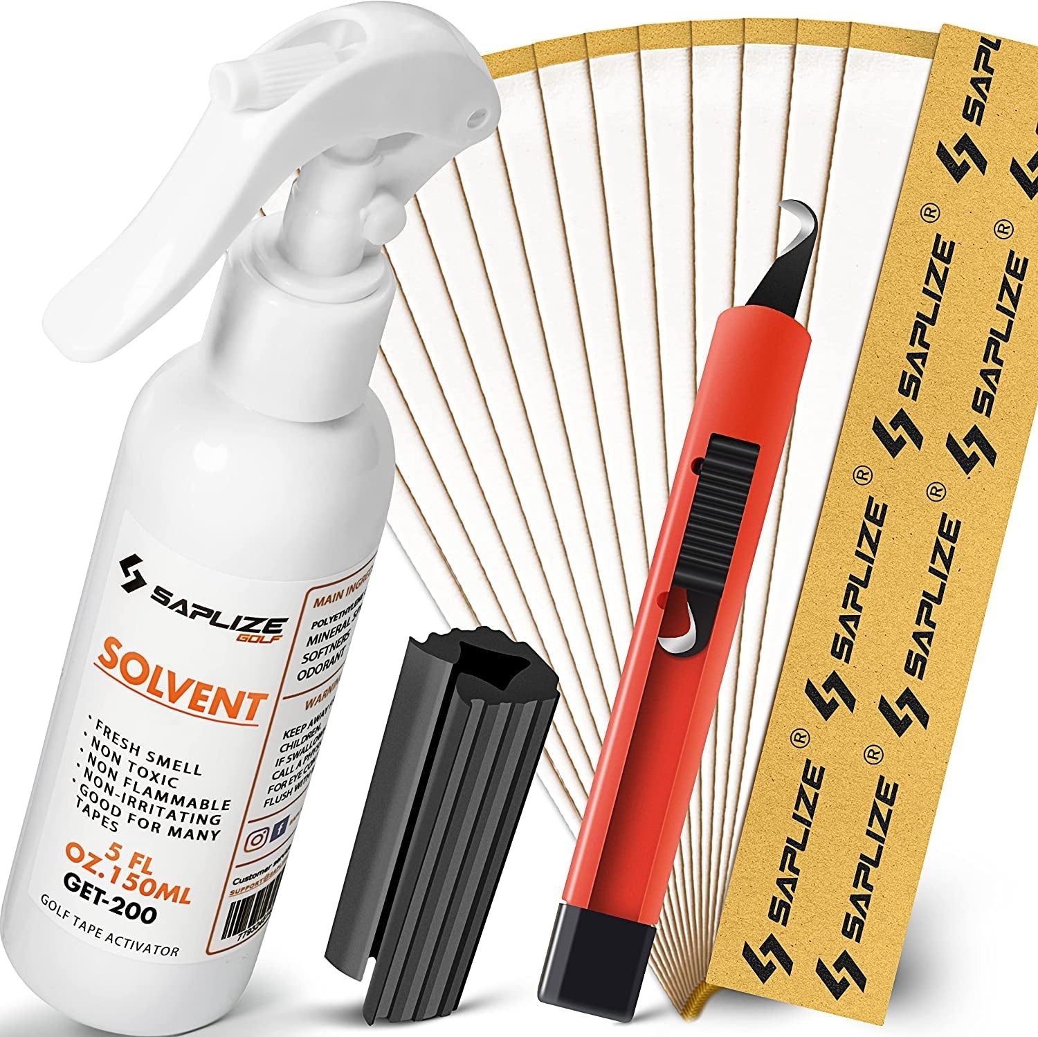 SAPLIZE Golf Grip Kit - Four Options Featuring Grip Tape Strips, Solvent, Tape Remover Tool, Hook Blade & Rubber Vise Clamp - the Ultimate Solution for Regripping Golf Clubs - B - Deluxe Kit -