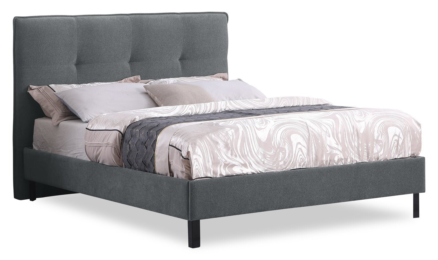 Amos Upholstered Platform Bed in Charcoal Fabric with Tufted Headboard - Full Size | Lit plateforme Amos rembourré en tissu anthracite avec tête de lit capitonnée - format lit double