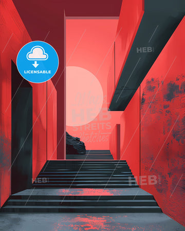 Minimalist Brutalism Art: Vibrant Red and Black Stairway Painting, Abstract Contemporary Artwork