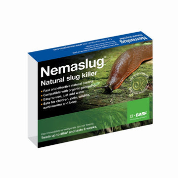 Packaging of Nemaslug natural slug killer, showing the product name, description, and an image of a slug on green foliage.