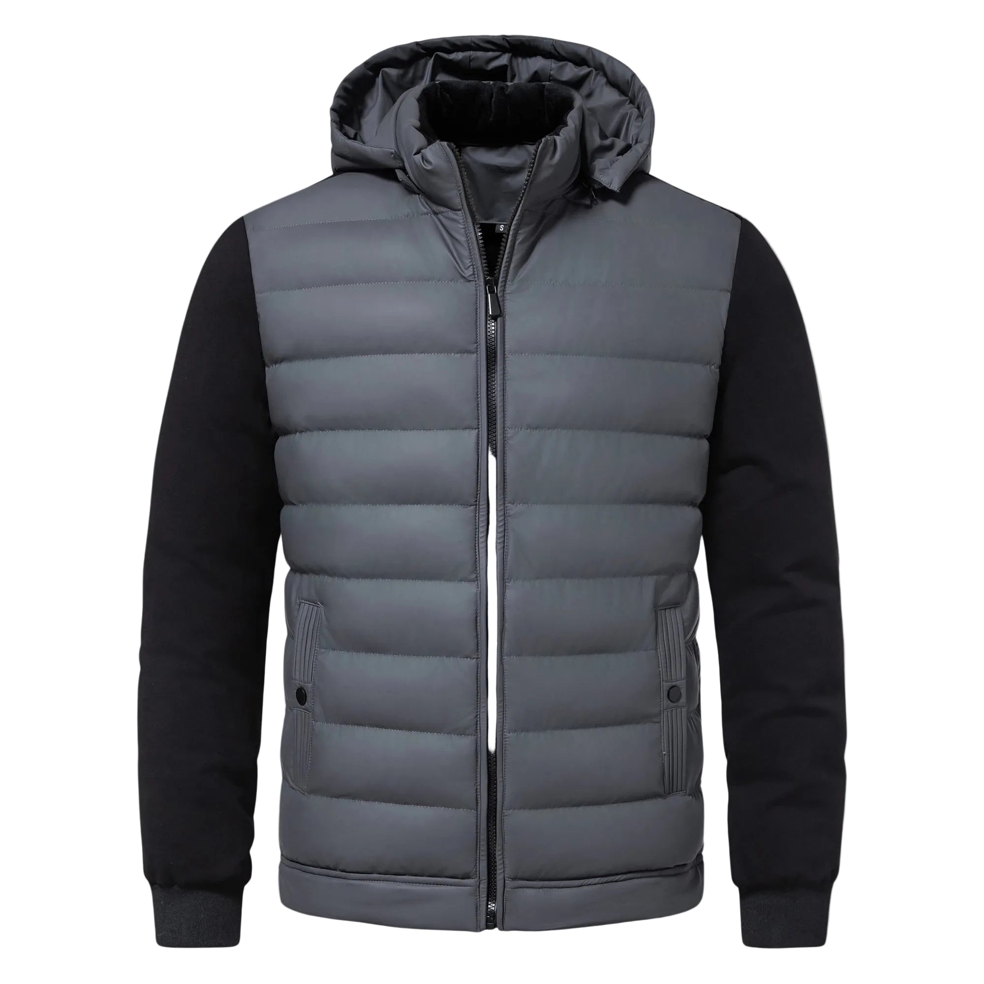 Svart quiltad herrjacka med huva. Trendig och varm vinterjacka för urban stil på kalla dagar.