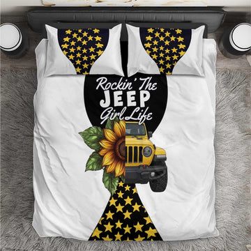 Rockin The Jeep Girl Life Bedding Set Sunflower Americana Graphic Illustration