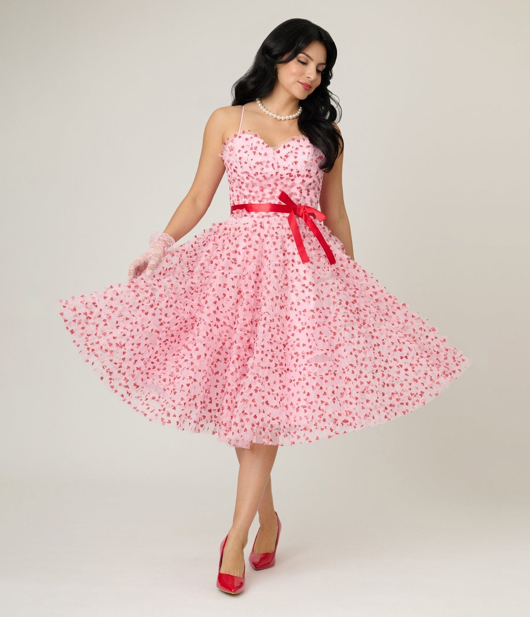Unique Vintage Pink & Red Glitter Heart Tulle Cupcake Swing Dress - Unique Vintage - Womens, DRESSES, PROM AND SPECIAL OCCASION