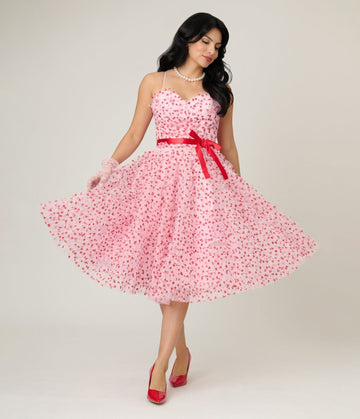 Unique Vintage Pink & Red Glitter Heart Tulle Cupcake Swing Dress - Unique Vintage - Womens, DRESSES, PROM AND SPECIAL OCCASION