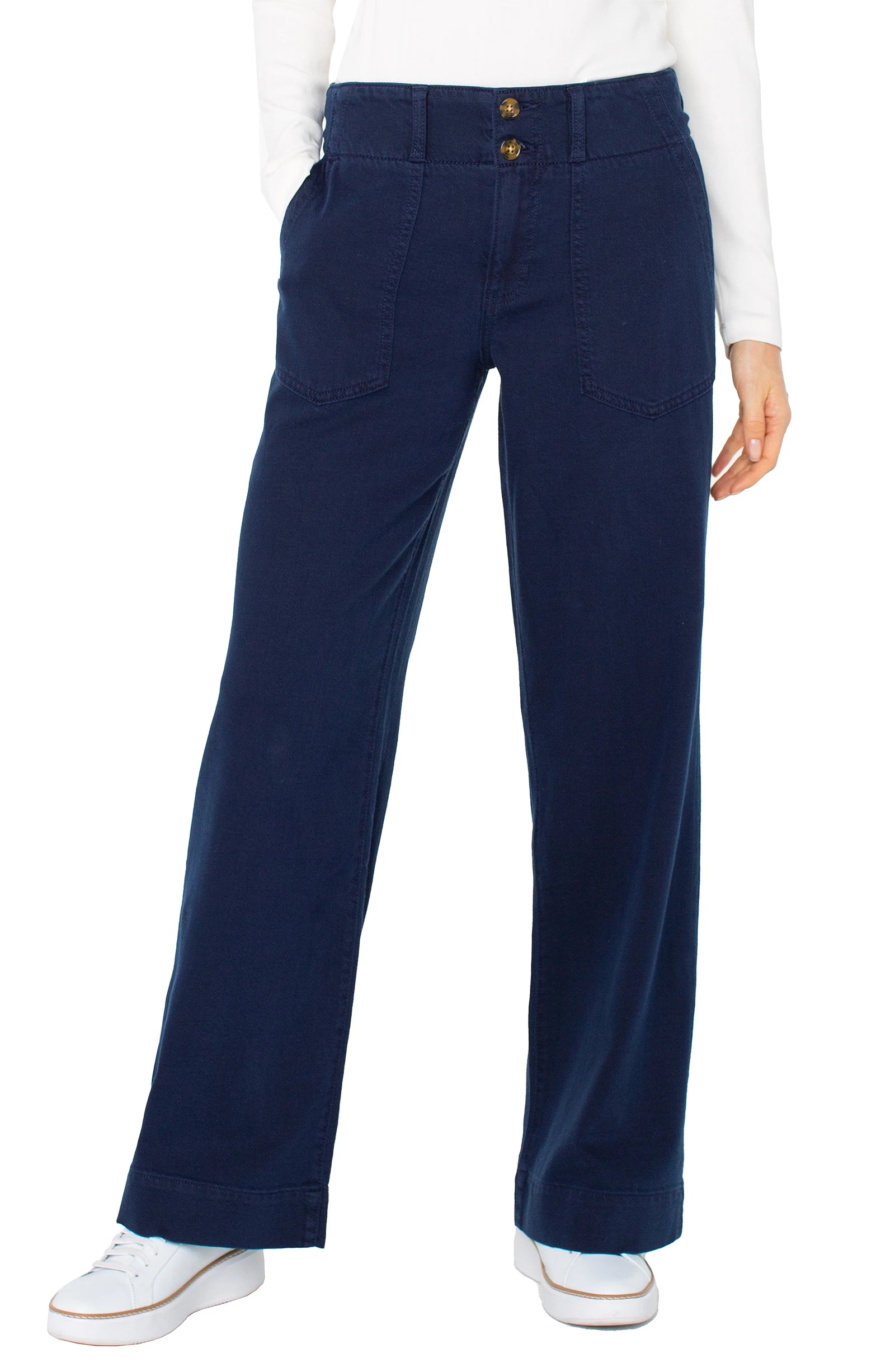 Pantalón Hannah Flare eco color azul marino oscuro, cintura alta y con botones
