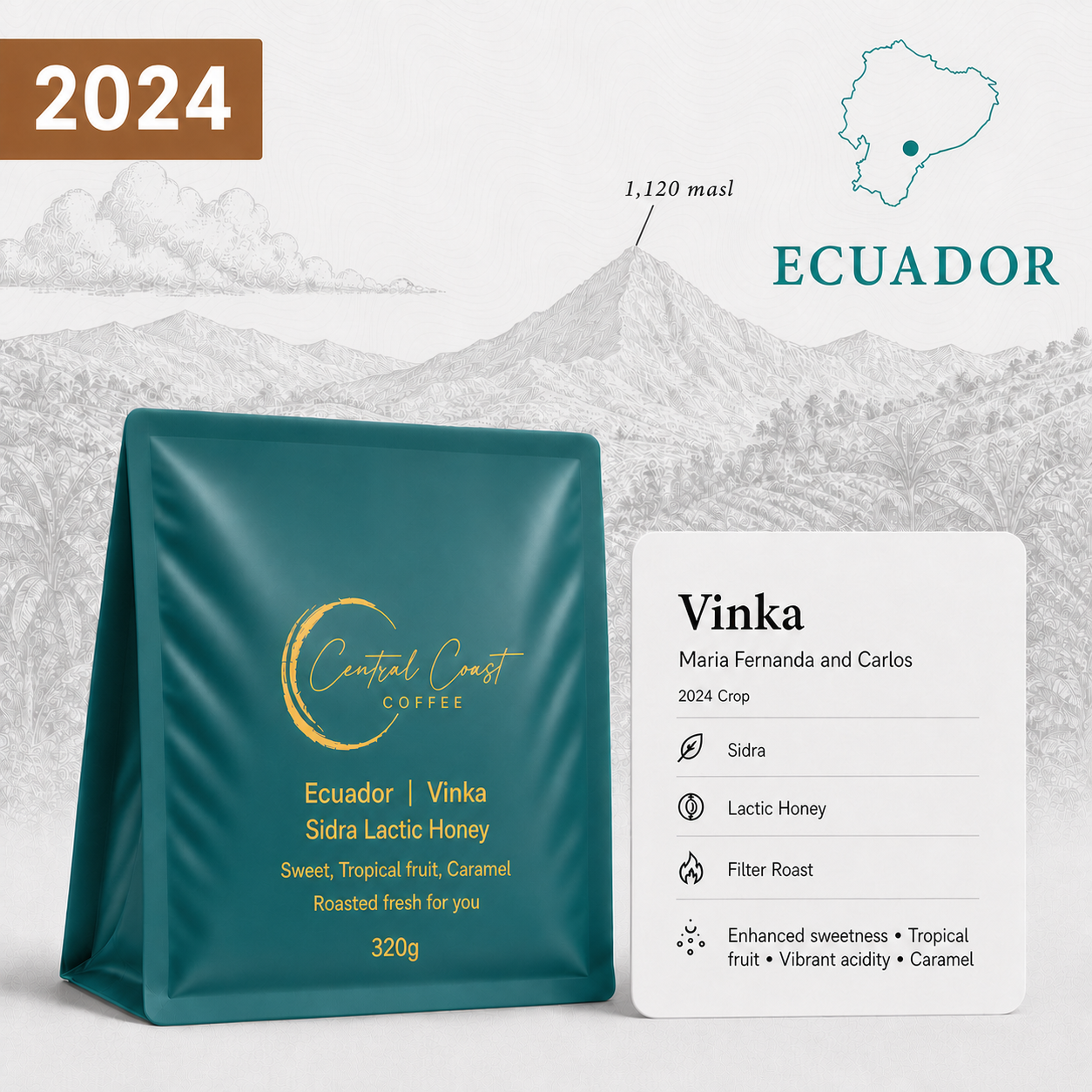 Central Coast Coffee Ecuador Vinka Farm Sidra Lactic Honey coffee beans 320g bag