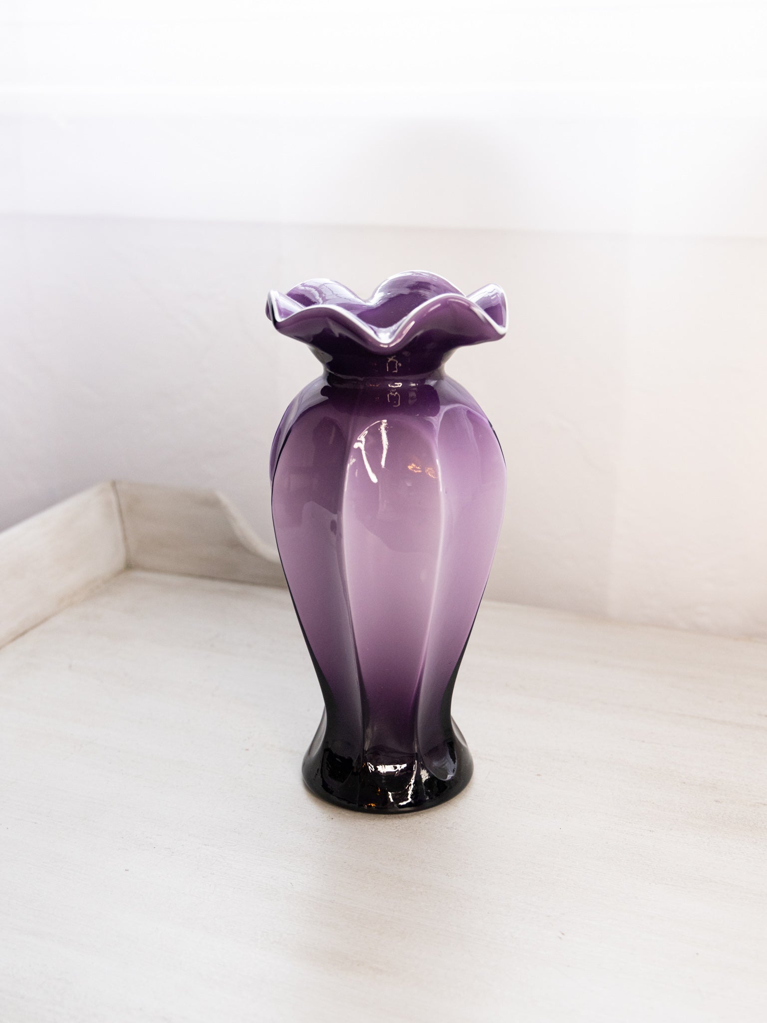 Purple Glass Vase with White Rim and Ruffle Edge
