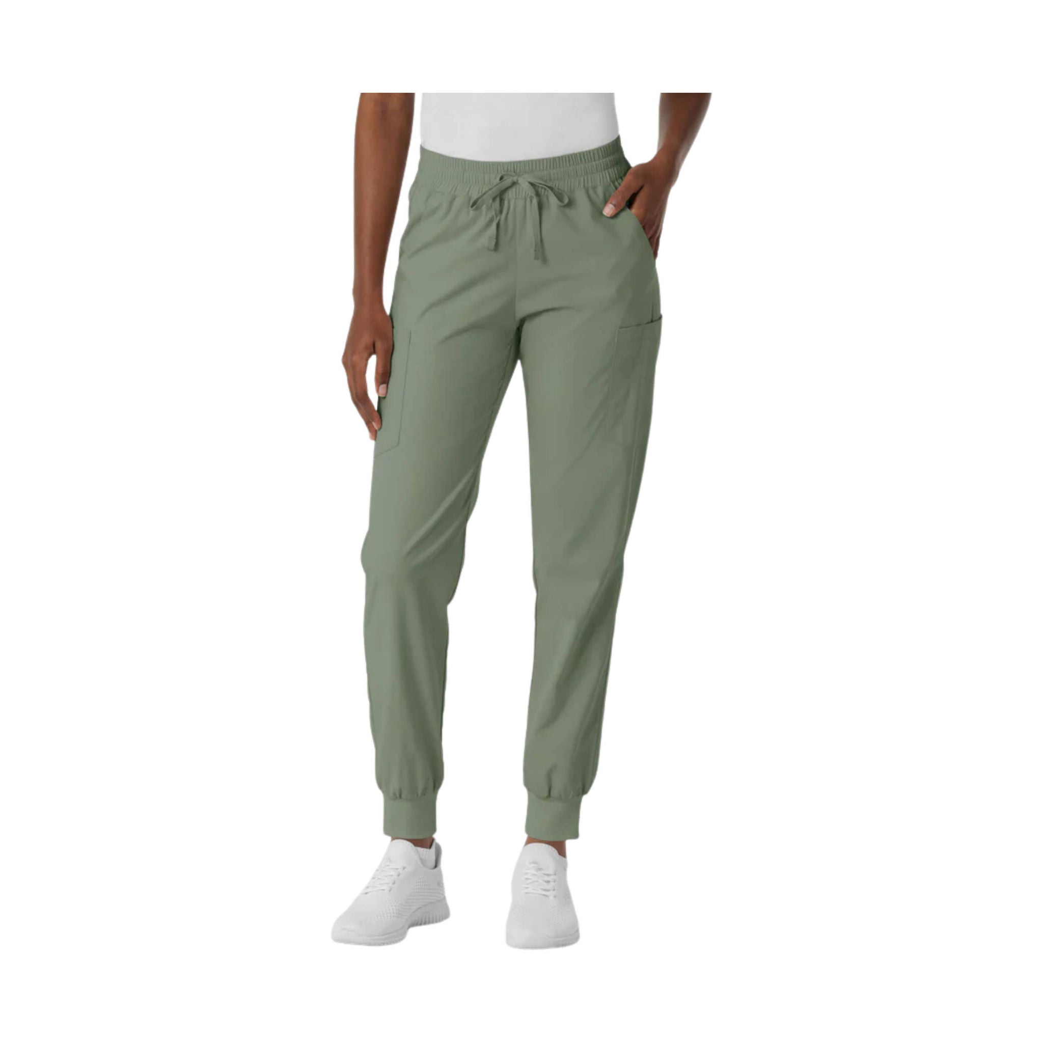 Sage green women’s jogger scrub pants with elastic waistband, drawstring, cargo pockets, and ribbed cuffs